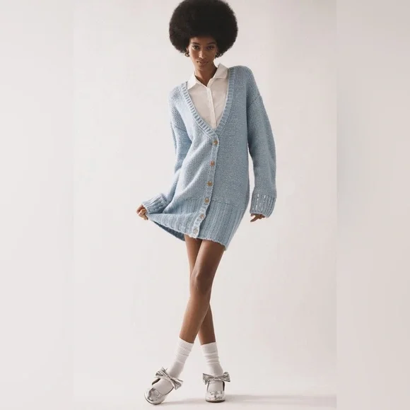 by anthropologie long-sleeve belted cardigan sweater midi dress Anthropologie Long-Sleeve Belted Cardigan Sweater Midi Dress In Green - 38% Off